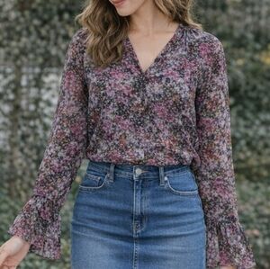 Paige Abriana Long Sleeve Silk Blouse Women's Size Large Floral Purple